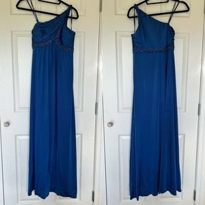 Adrianna Papell Dress Gown Blue One Shoulder Jersey Embellished Maxi size 8